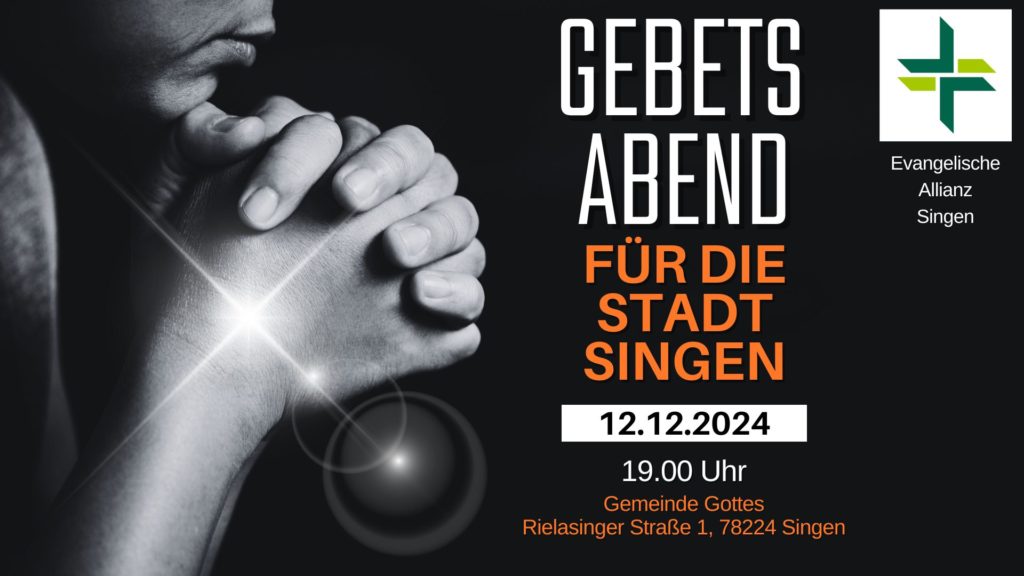 Die evangelische Allianz in Singen lädt ein zu zwei Gebetsabenden, im November in der Pauluskirche und im Dezember in der Gemeinde Gottes, jeweils um 19 Uhr.